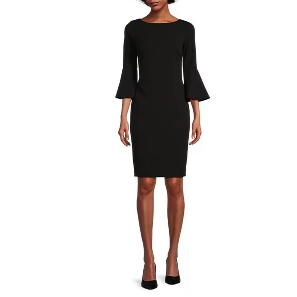 Calvin Klein Sheath Dress 8 Black Gold Zipper Stretch 3/4 Long Flutter Sleeve